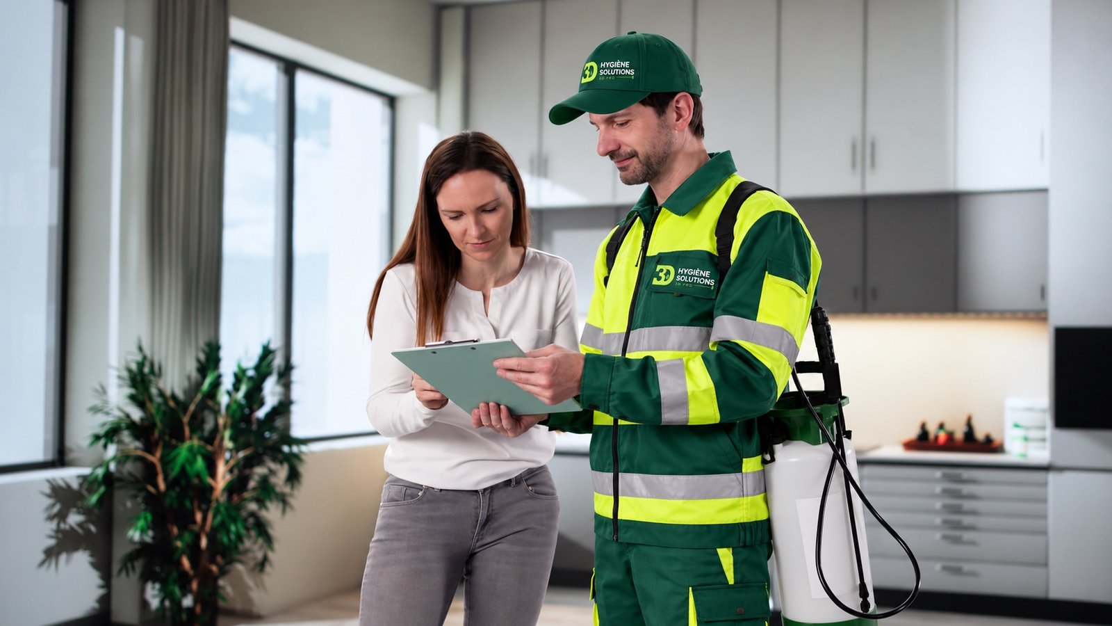 Technicien Hygiène Solutions 3D Pro échangeant avec une cliente autour du diagnostic de son logement